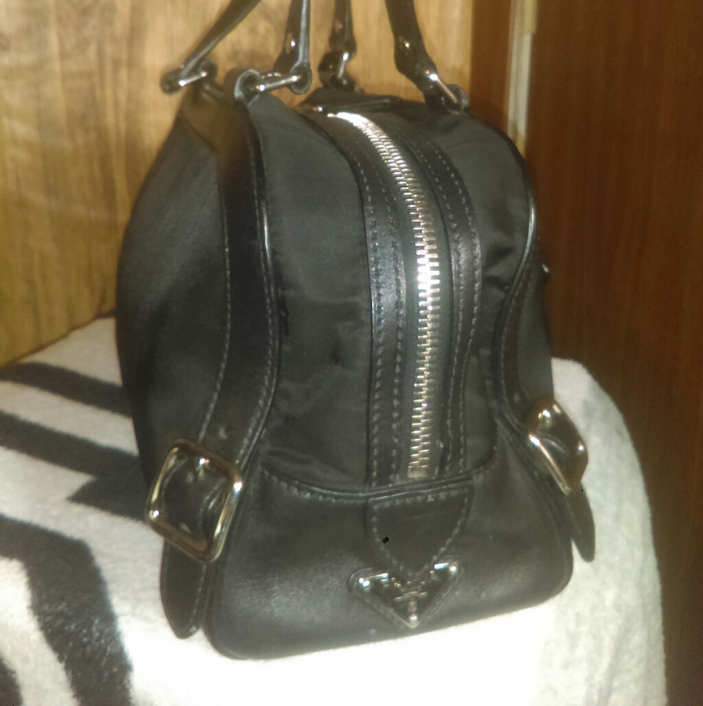 Prada Black Nylon and Leather Shoulder Bag with Silver Hardware